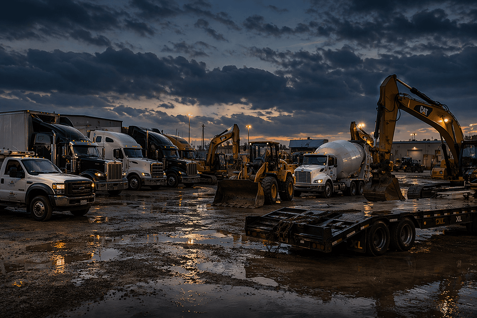 Heavy equipment and trailers in a yard