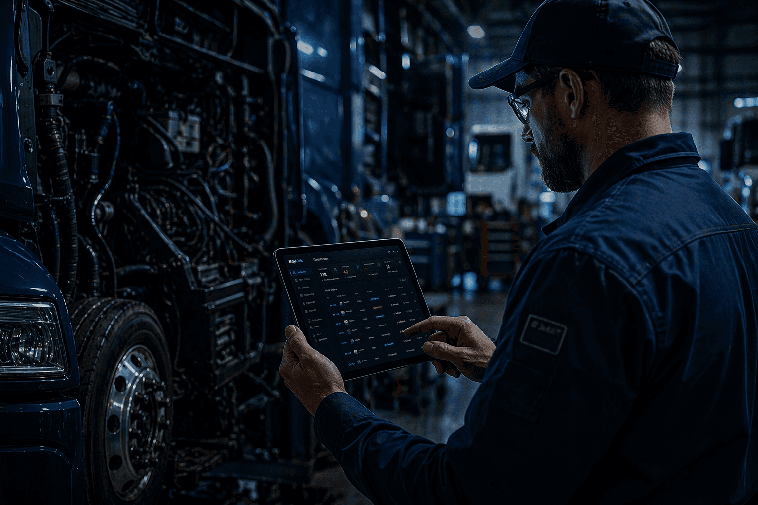 Technician using a tablet by a vehicle